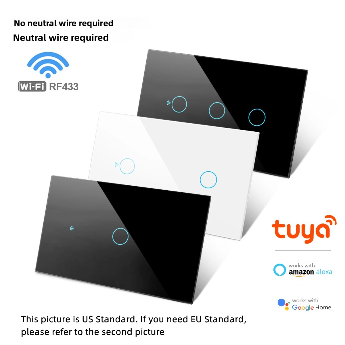 Works with Tuya Smart Life App WIFI Smart Home Switch Light Wall US/EU Glass Touch Panel Voice Wireless Remote Control