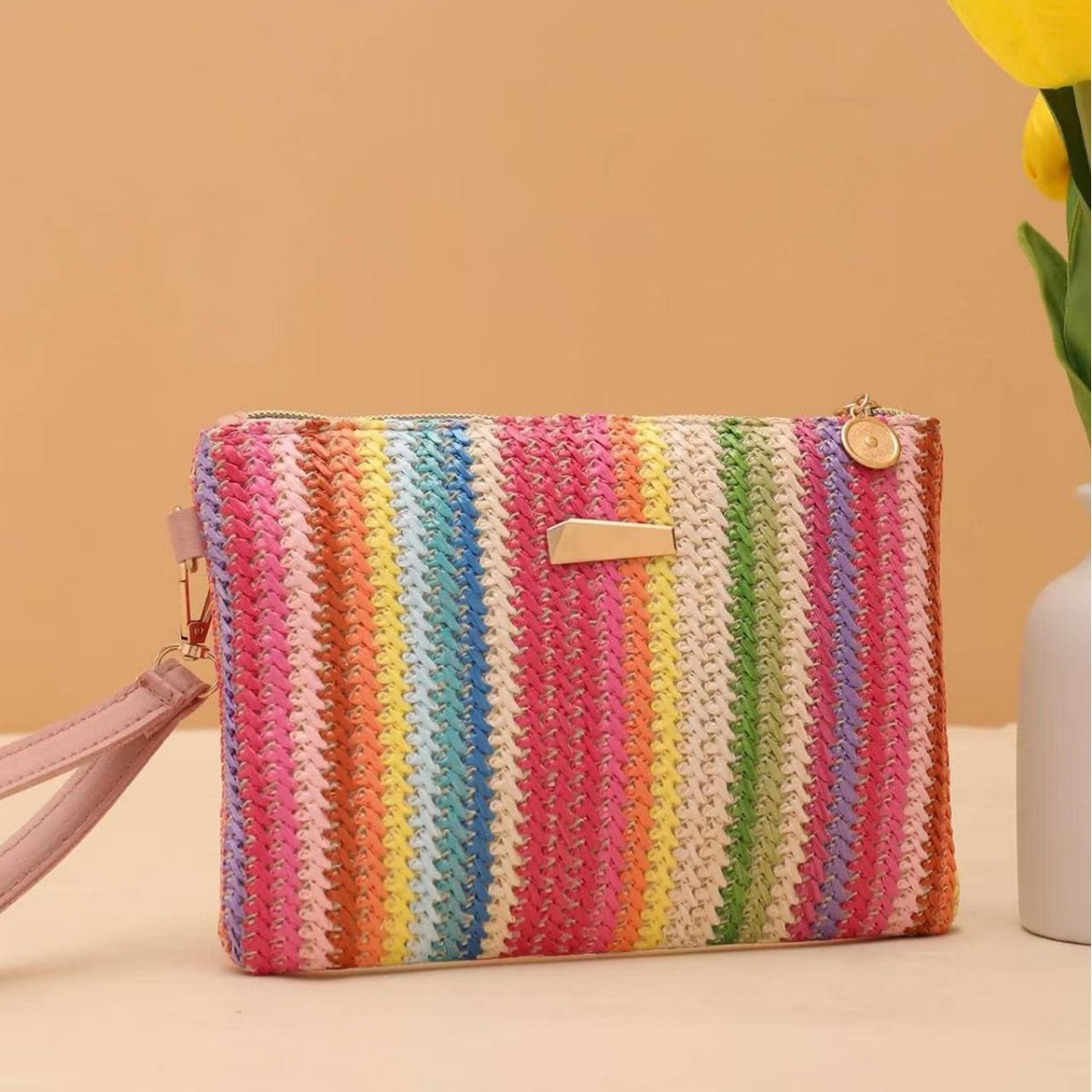 2026 New Arrival Women Rainbow Woven Clutch Coin Purse Fresh Fashion Mini Bag