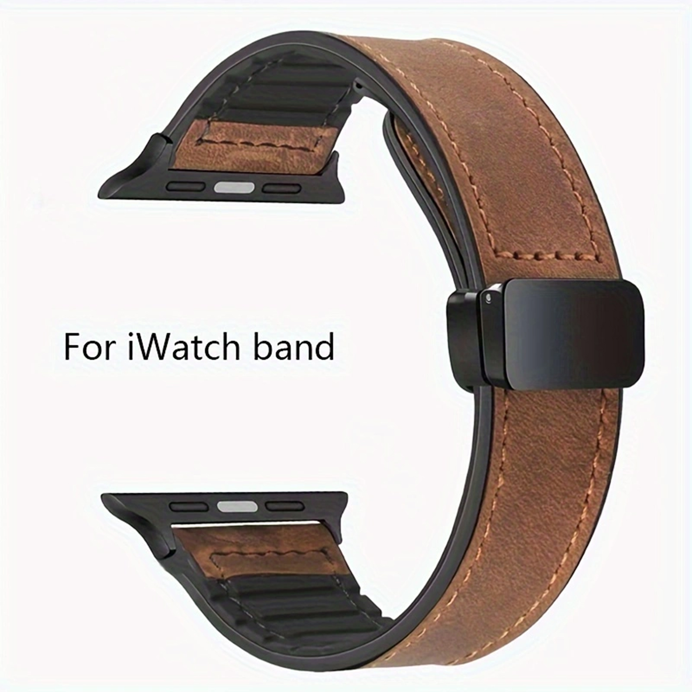 Compatible with Apple Watch Band 49mm 45mm 44mm,Leather+ Silicone Magnetic Folding Buckle Strap for IWatch Series9 8 7 6 5 4 321