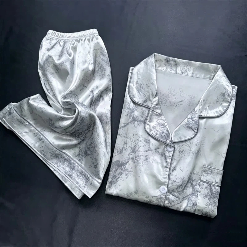 Korean Fashion Sleepwear Faux Satin Nightwear 2 Pieces Pyjamas Casual Pajama Set with Shorts Soft Smooth Ink Painting Outfits