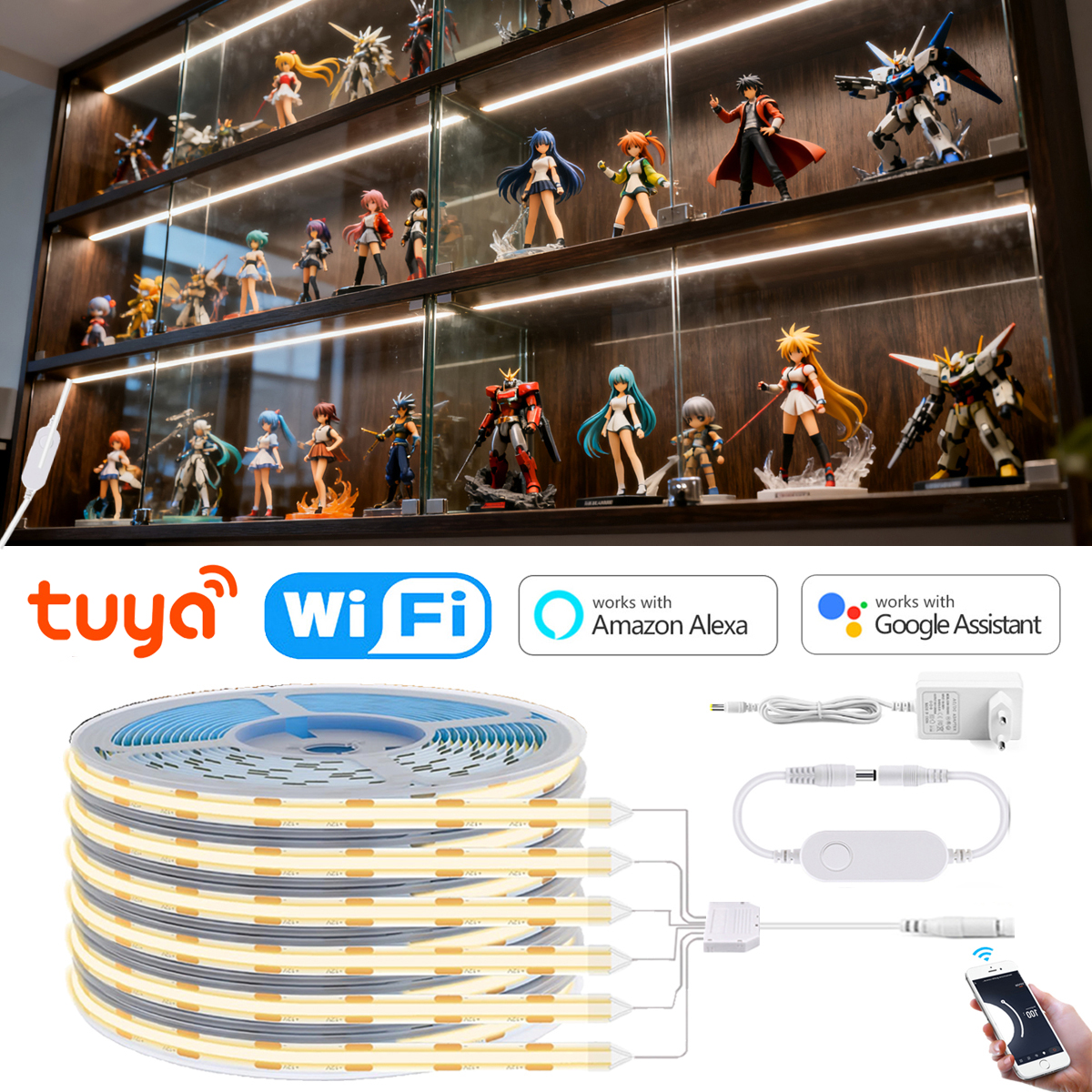 Tuya Intelligent Dimmable COB LED Strip Light Smart APP Control 12V Lamp for Anime Character Display Cabinet,