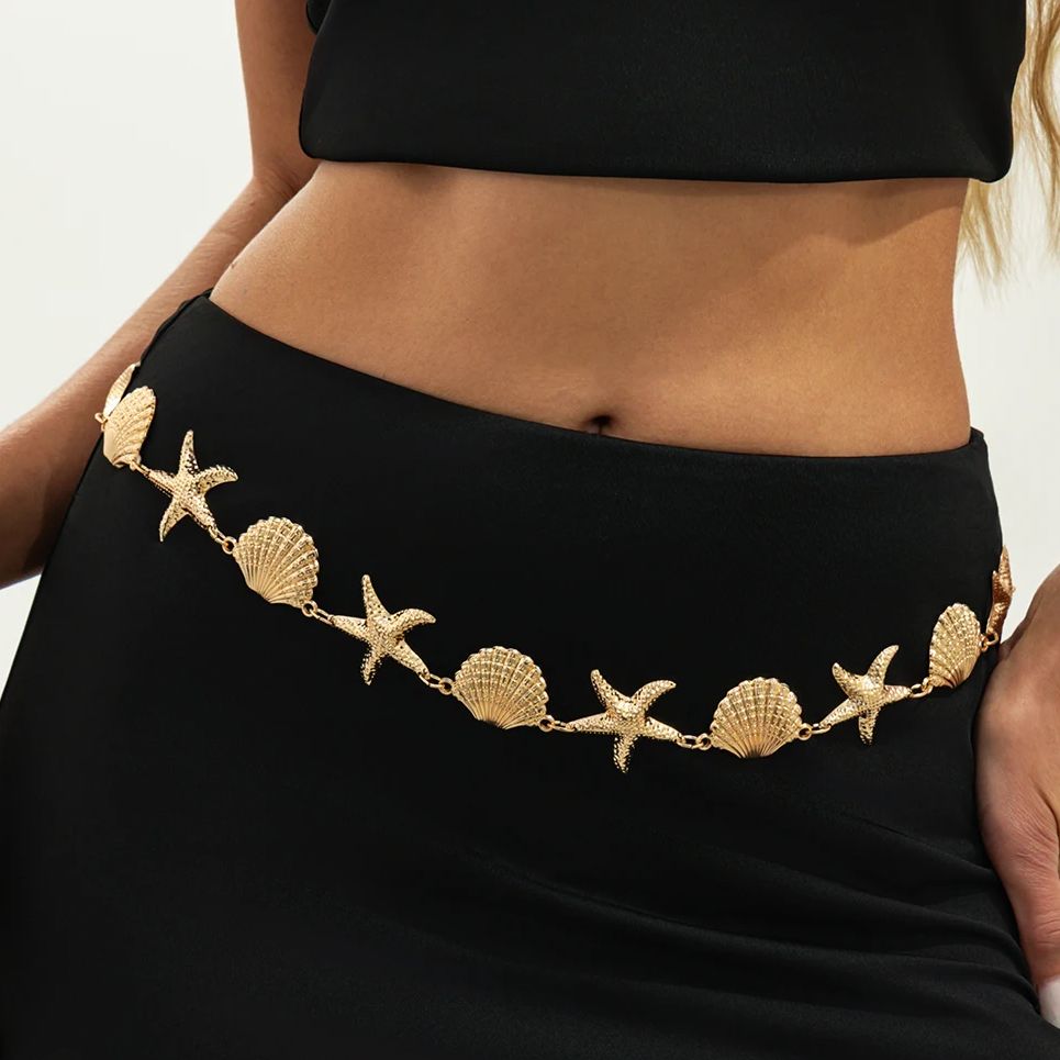 KunJoe 2026 New Boho Metal Starfish Scallop Waist Chain for Women Summer Beach Belly Chain Bikini Party Vacation Jewelry