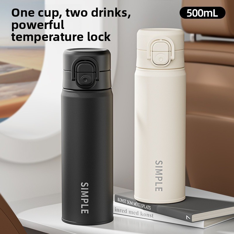 1pcs Simple Double Drink Thermos Cup 316 Stainless Steel Insulated Bottle with Straw Bounce Lid Portable for Daily Outdoor Use