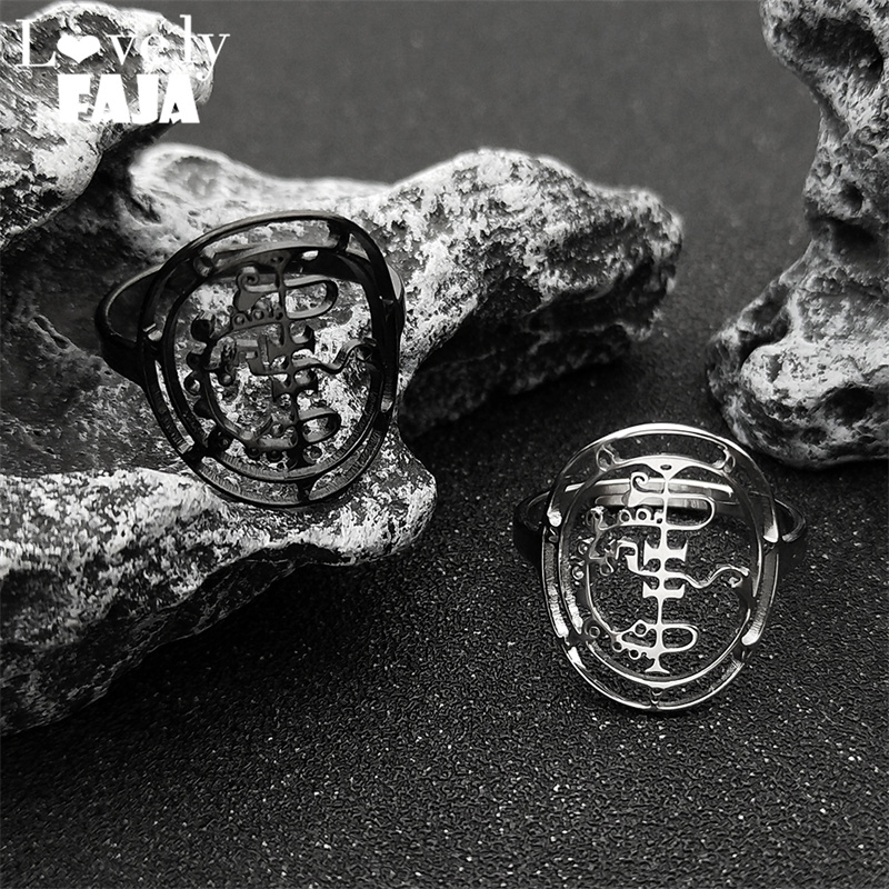 Fashion Sigeal Sigil De Lucifer Stainless Steel Satan Ring for Women Men Asmoday Lazer Key Baphomet Stamp Finger Ring Jewelry