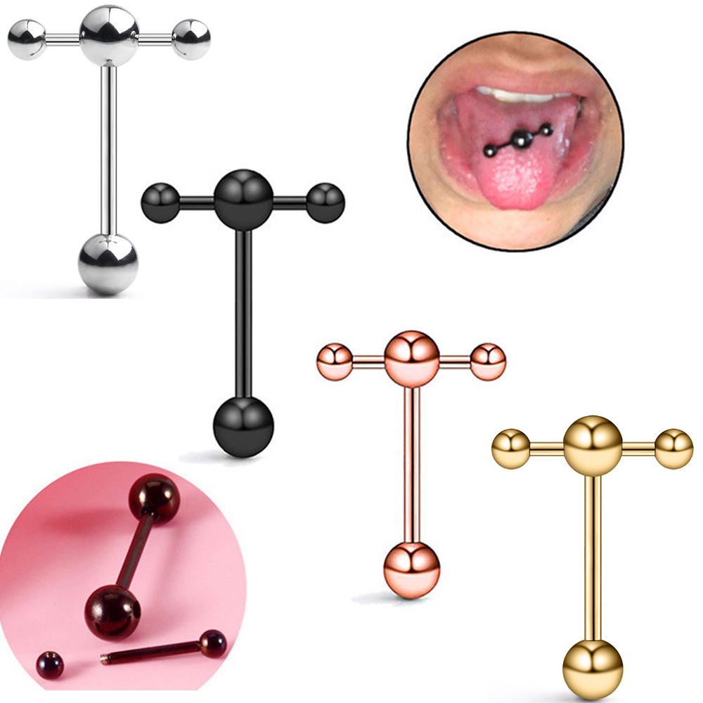 1pc 14G Stainless Steel T-Shape Top Straight Barbell Tongue Ring Door Lock Double Barbell Nipple Ring Body Piercing Jewelry