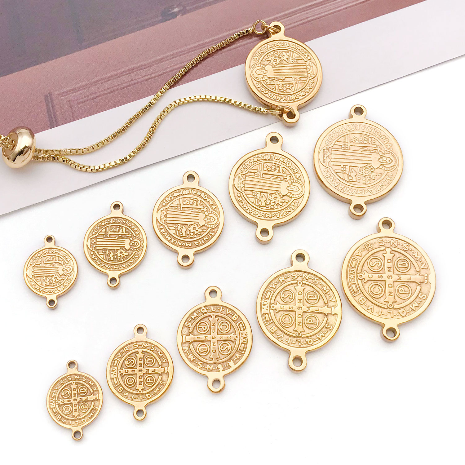5pcs Stainless Steel Saint St Benedict Nursia Patron Medal Cross Charms Metal Connectors for DIY Jewelry Making Accessories