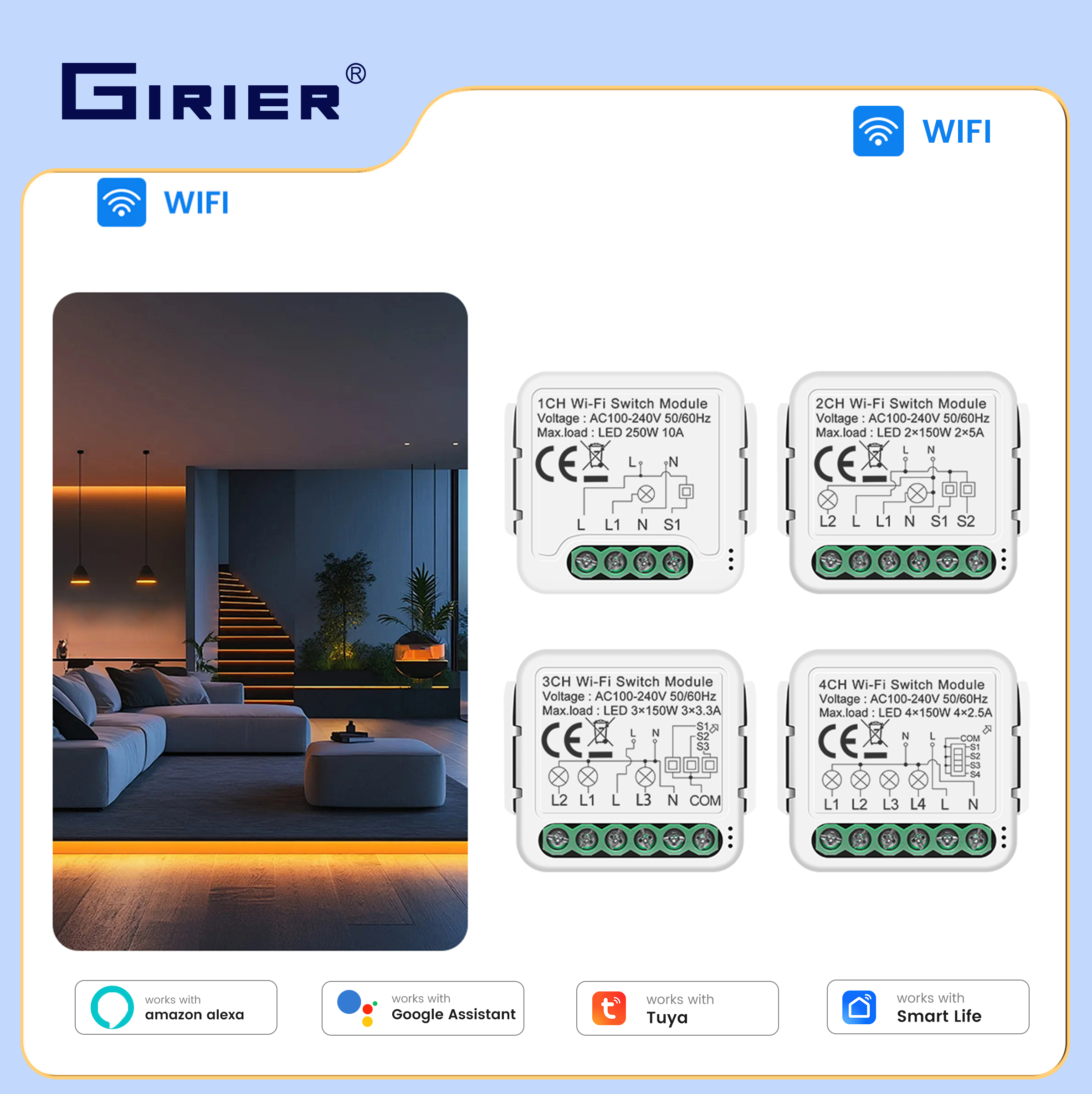 GIRIER Tuya Smart WiFi Switch Module RF433 DIY Breaker Relay Neutral Wire Required Supports 2-way Control Works Alexa Hey