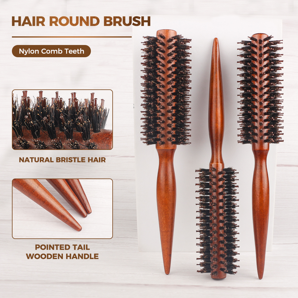 1Pcs Wood Handle Round Rolling Brush Straight Twill Hair Comb Boar Bristle Round Barrel Hair Curling Brush Hairdressing Tool