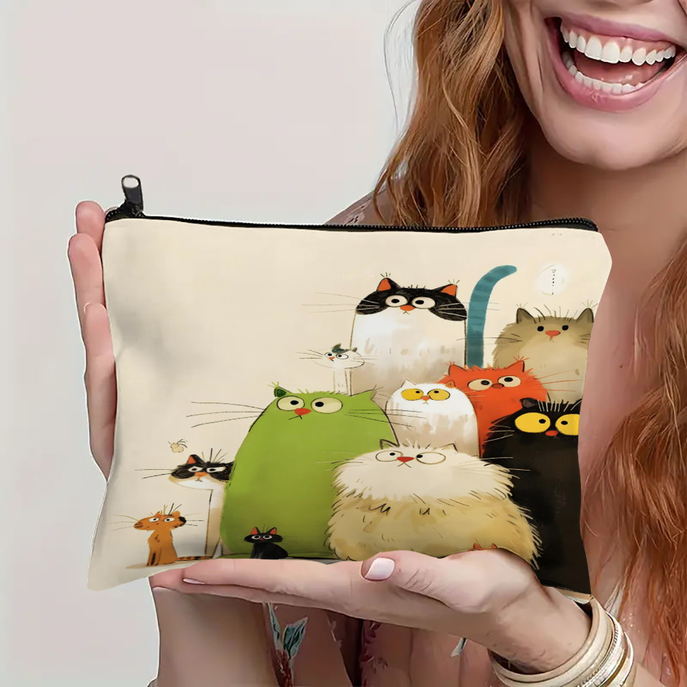 1PC Cartoon Cats Cosmetic Bag Landscape Print Stylish Makeup Travel Organizer Lightweight Coin Purse for Women