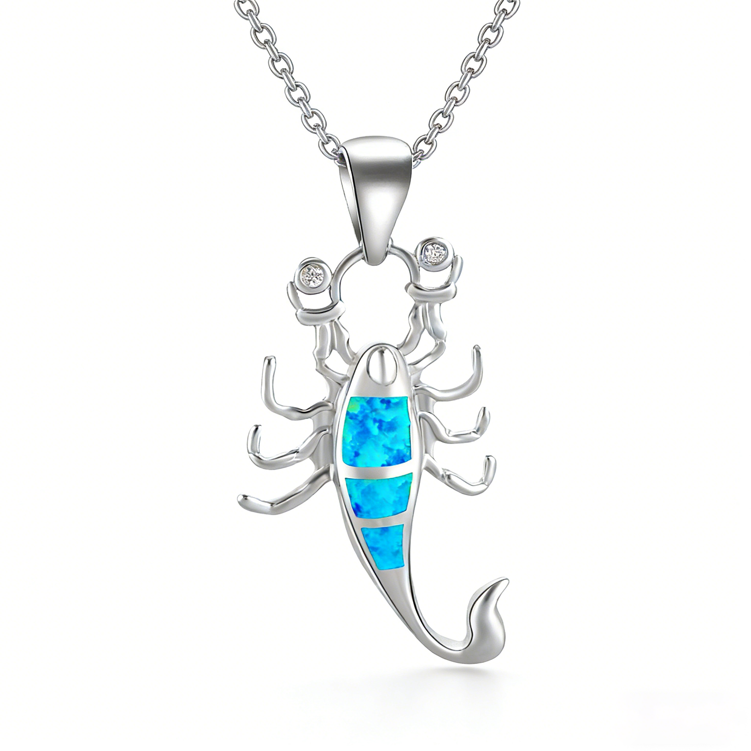 Blue Opal Scorpion Pendant Necklace with Zirconia Accents,White K Plated Boho Chic Animal Jewelry,Unique Bold Gift for Women