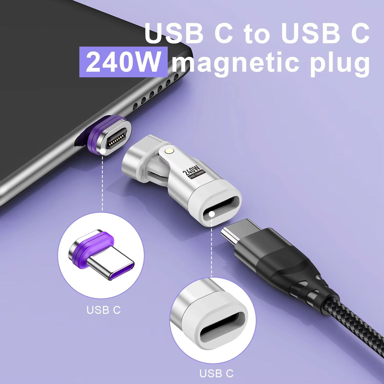 USLION 240W Magnetic Adapter USB C to Type-C Fast Charging Cable Type C Female Converter for Macbook iPhone 16 15