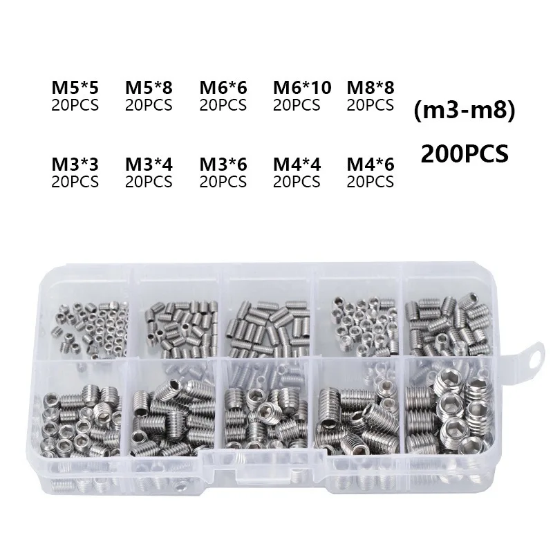 200pcs 304 Stainless Steel Socket Head Hex Set Screw Assortment Kit Grub Screw Cup- Metric M3 M4 M5 6 8 Cup Point Grub Screw Set