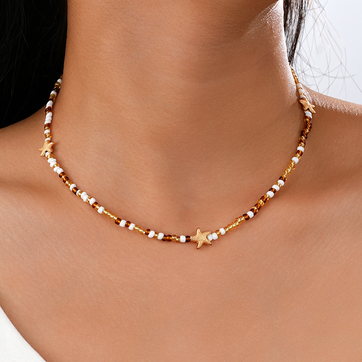 New Women‘s Colorful Starfish Rice Beads Necklace Cute Bohemian Handmade Gold Color Choker Necklaces Trendy Summer Party Jewelry