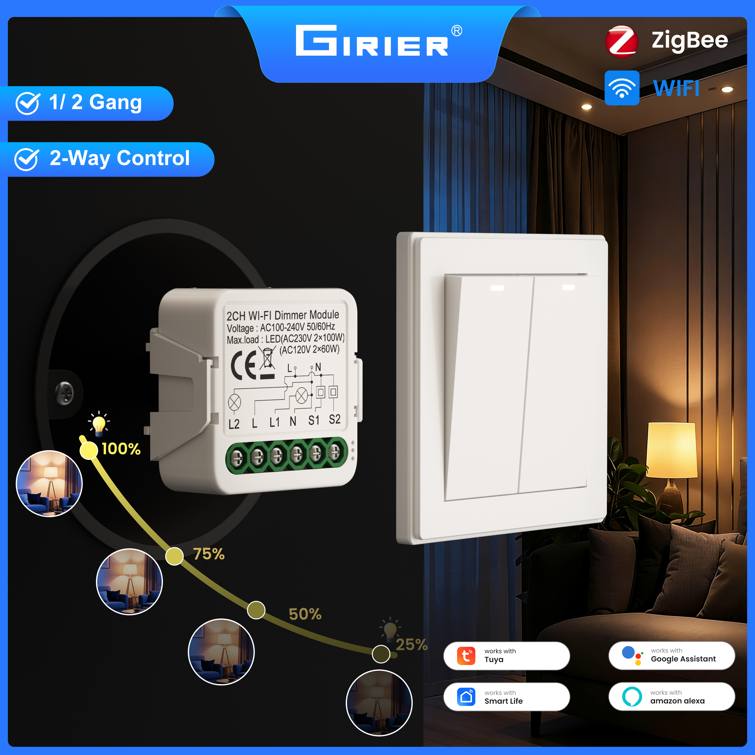GIRIER Tuya Smart WiFi ZigBee 3.0 Dimmer Switch Module Support Two-way Control Dimmable Switch Compatible with Alexa Home