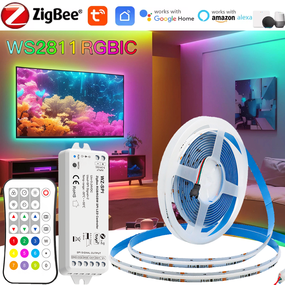 Zigbee 24V RGBIC COB LED Strip Light WS2811 Full Dream Color Tape Addressable Smart SPI FCOB Light RF Remote for Alexa lightify