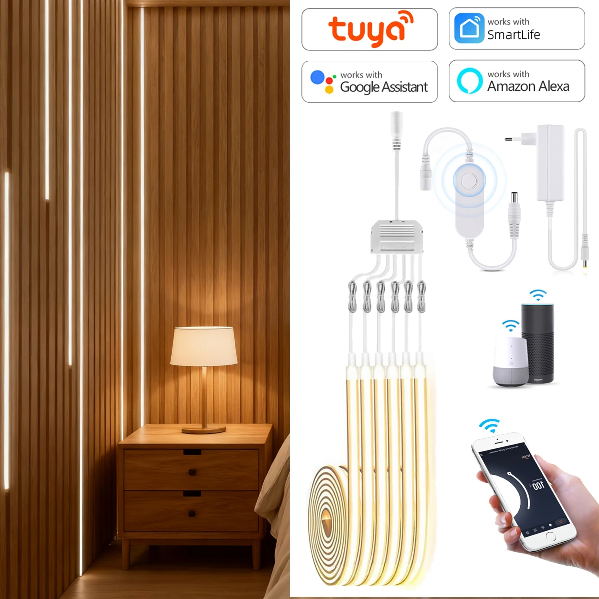 Tuya Smart Home 2/4/6pcs Kit 1M 2M Neon LED Strip Wall Decor Light WIFI APP Control Dimmable 24V COB Neon Adhesive Closet Lamp