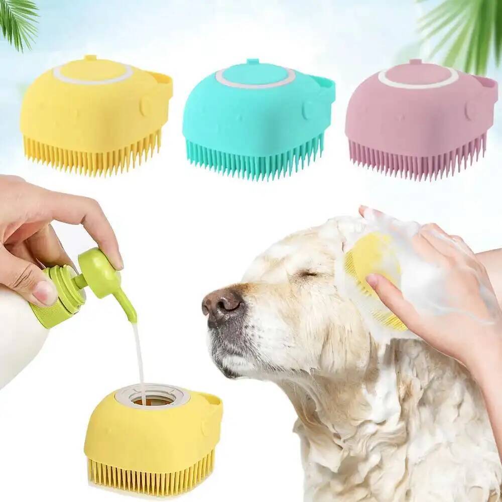 Pet Silicone Bath Brush (Gel Dispenser) - Soft Bristle Massage Brush for Cats & Dogs, Bath Scrubber