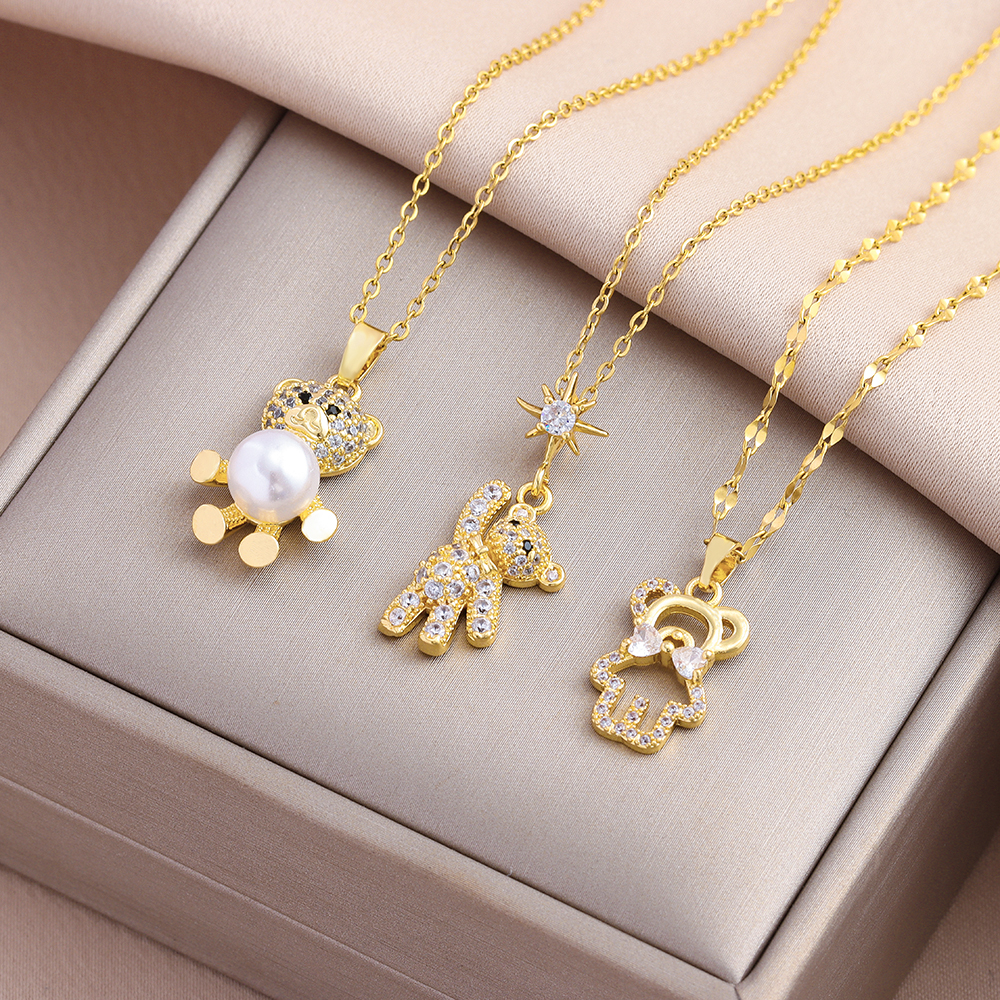 New Lovely Bear Pendant Stainless Steel Necklaces For Women Sweet Cute Female Daily Wear Clavicle Chain Jewelry Girl Party