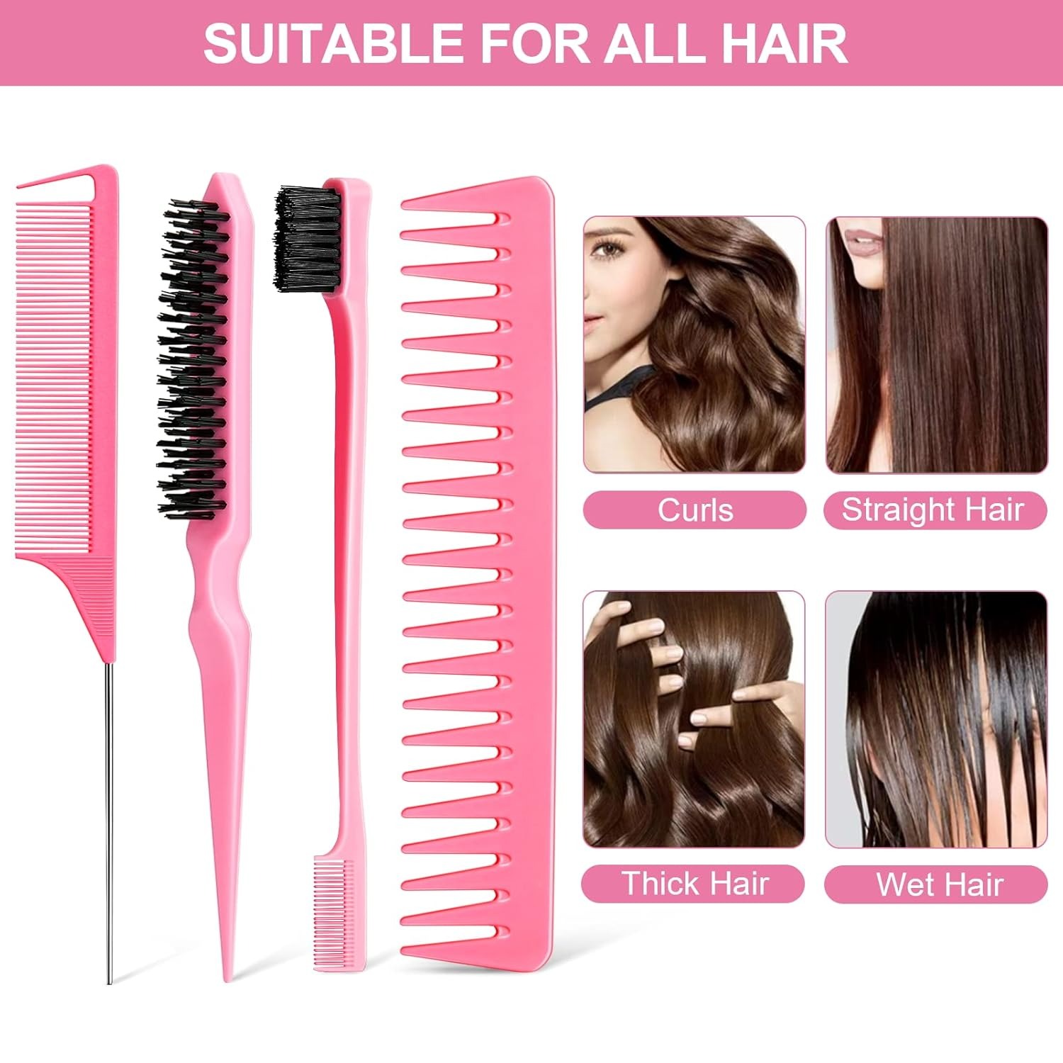4-Piece Comb Set with Mouse Tail Comb, Nylon Tear Hair Brush, Wide Toothed Comb, and Edge Control Brush