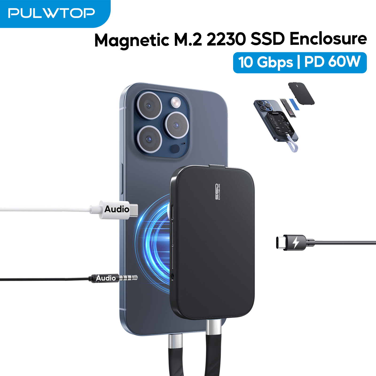 PULWTOP Magnetic M.2 2230 SSD Enclosure for iPhone 15 16 Pro/Max ProRes, USB C Enclosure 10Gbps, 60W PD, USB-C/ 3.5mm Audio