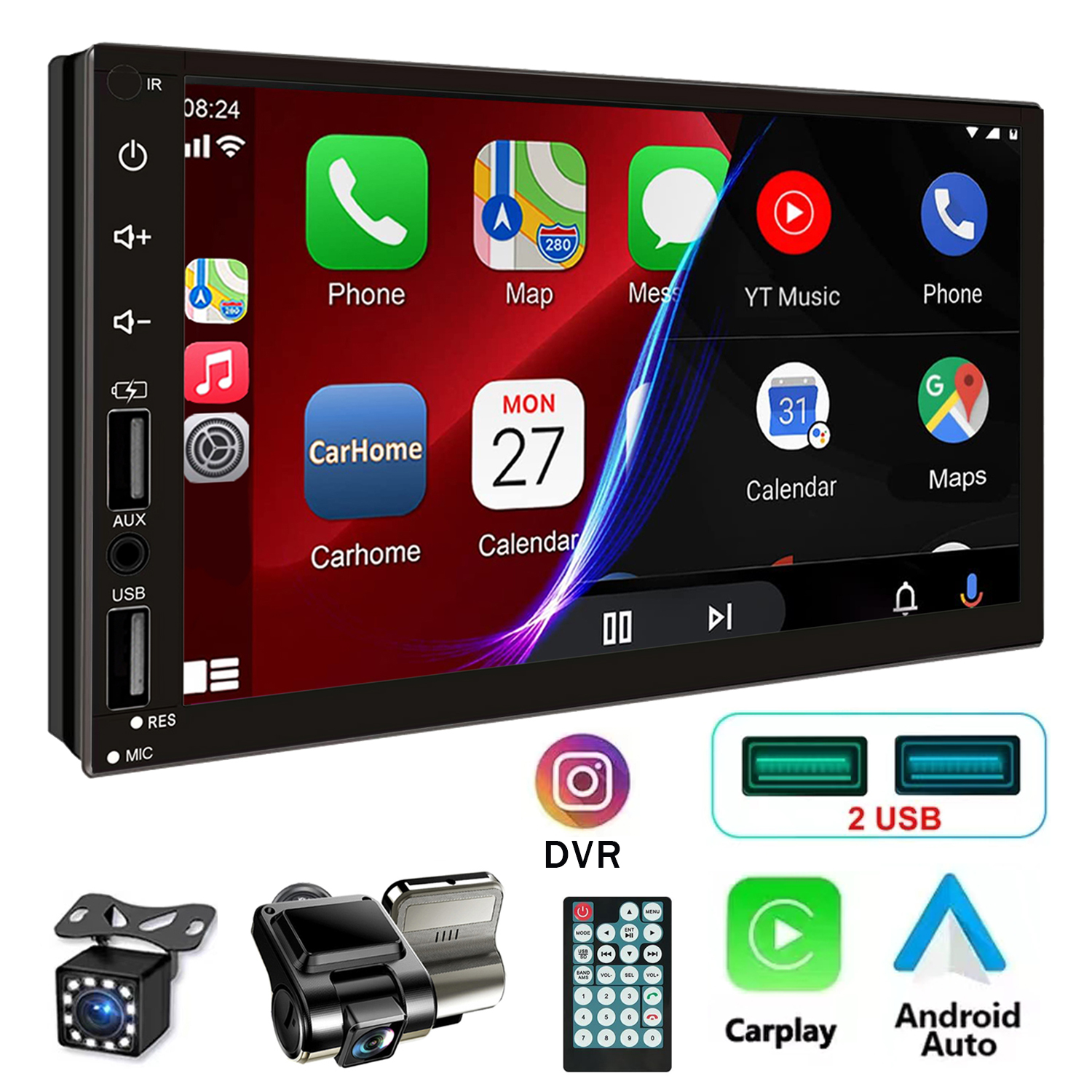7 Inch Car Radio Stereo Full HD Touchscreen 2 Din Car Video Player with Dash Cam&Rear View Camera 2 USB/AUX/TF Voice Control