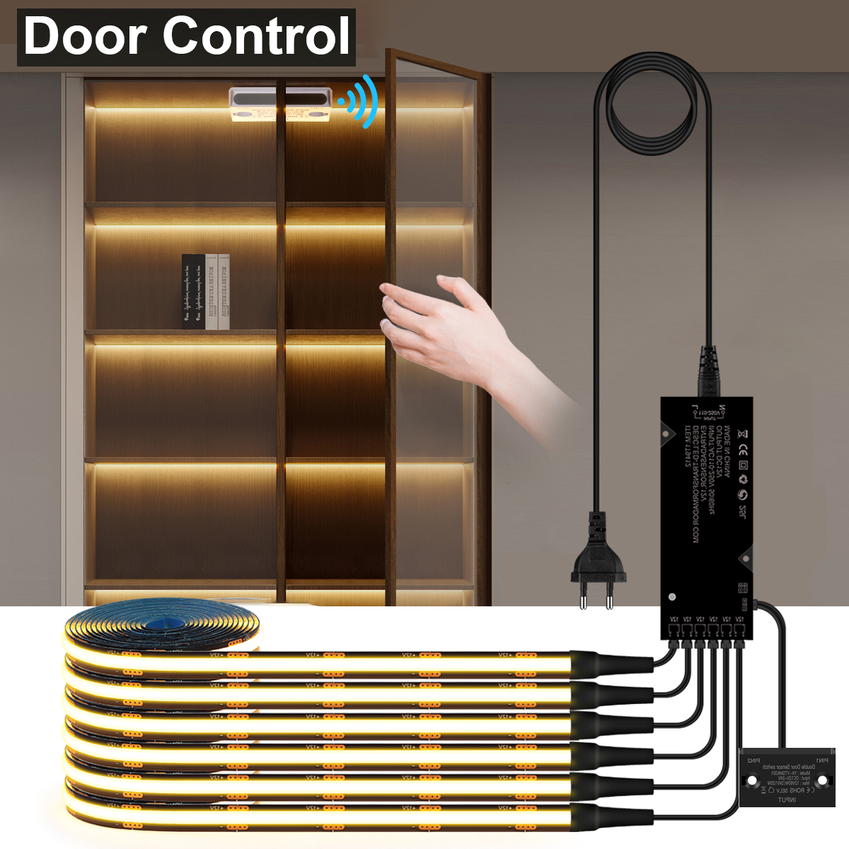 1-10PCS 12V Black COB LED Strips With Smart Double Door Sensor Switch Cabinet Light Set for Kitchen Under Cabinet Wardrobe lightify