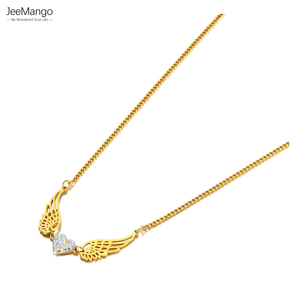 JeeMango Stainless Steel Pendant Necklaces Jewelry Rhinestone Clay Heart Wing Charm Necklace For Women Free Shipping JN22028 pen gpt