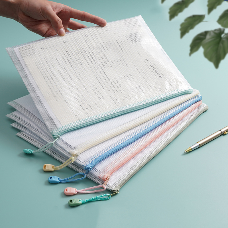Waterproof Transparent Document Bag Thickened A4 Grid Macaron-colored File Bag Portable Test Paper Bag Office Supplies