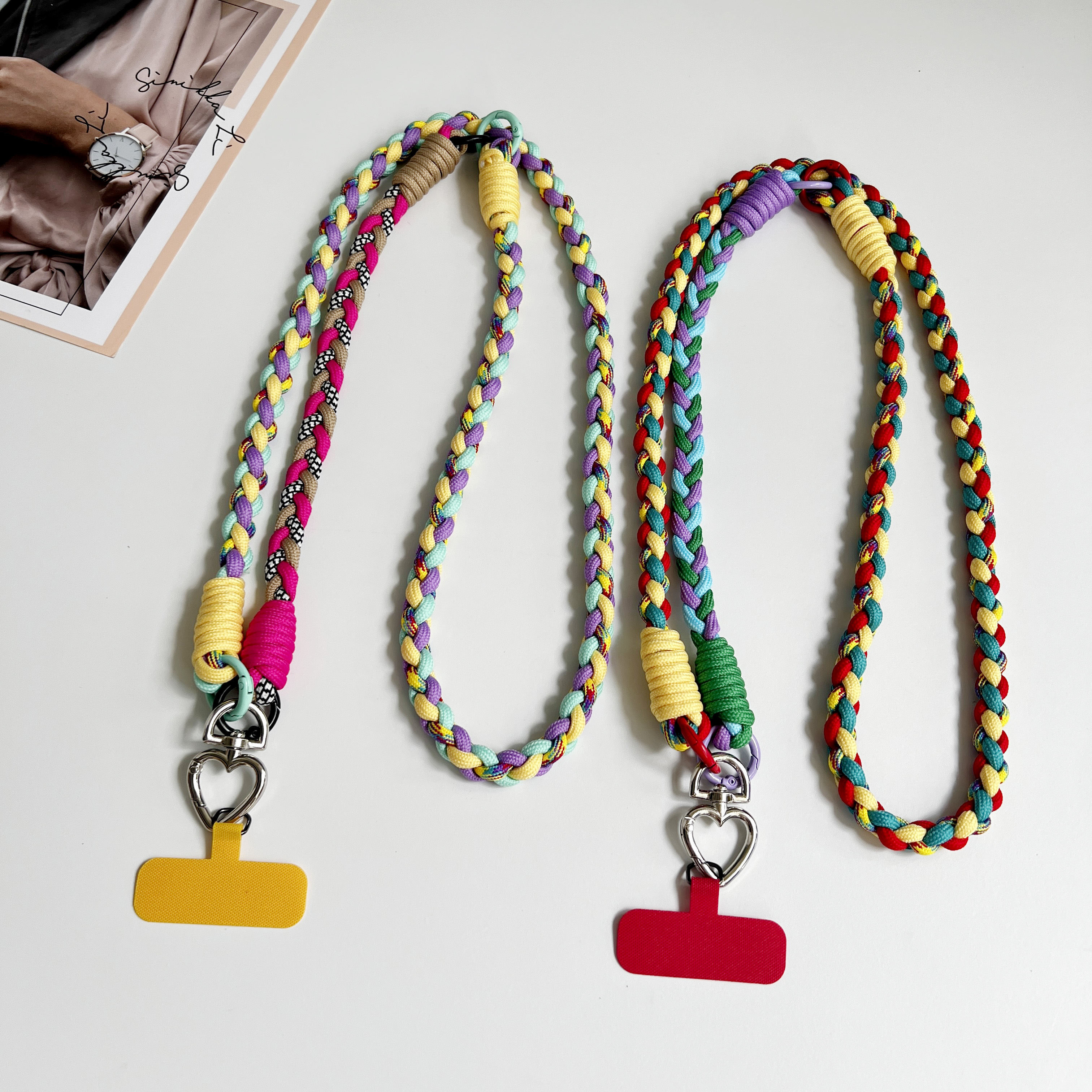 DIY Two-In-One Mobile Phone Universal Lanyard, Diagonal Span Long Rope, Wrist Short Rope, 360° Rotation, Metal Heart Buckle