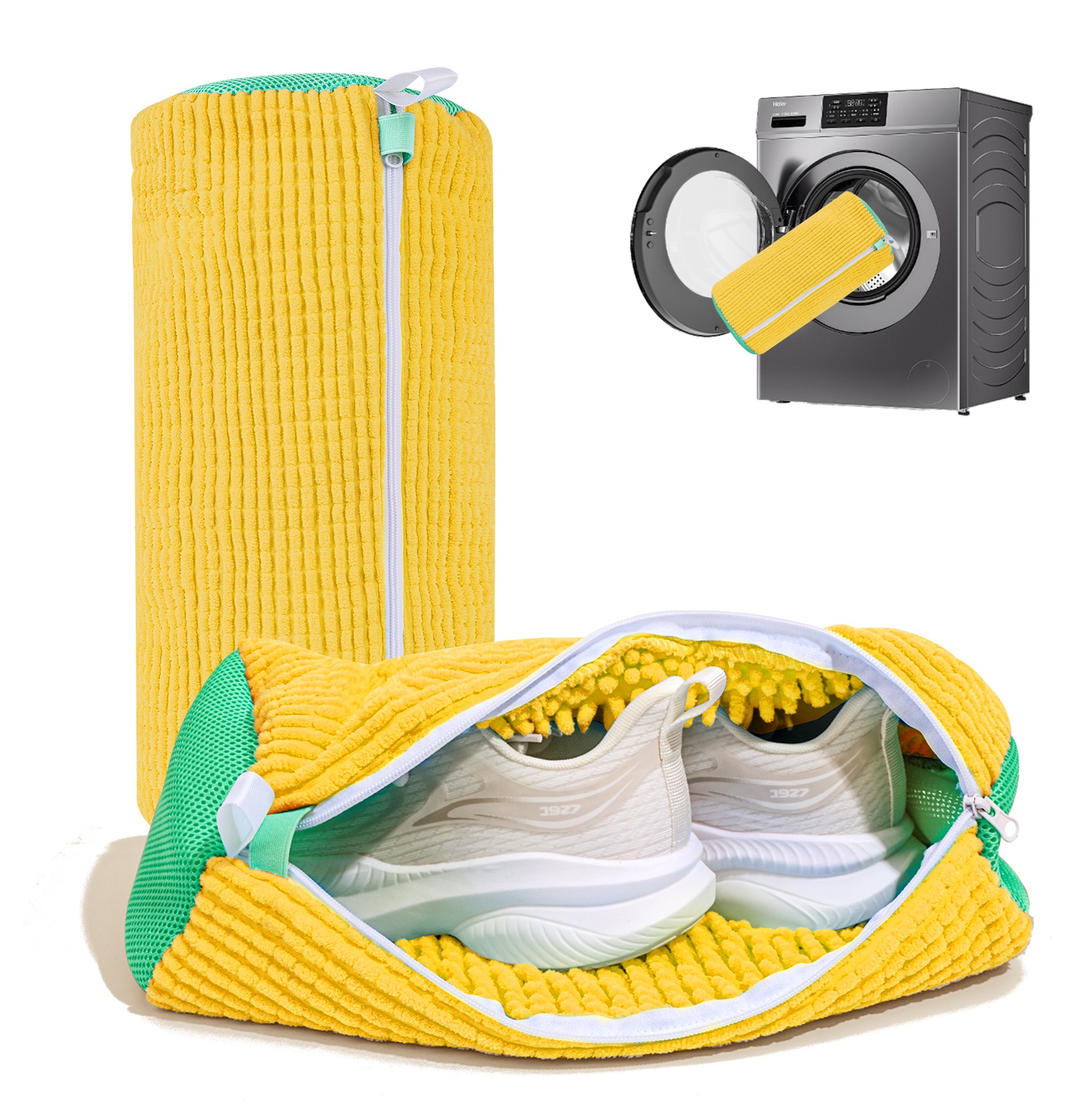 Reusable Shoe Washing Machine Bag with Soft Microfiber Brush - Invisible Zipper Laundry Bag for Sneakers & Shoes