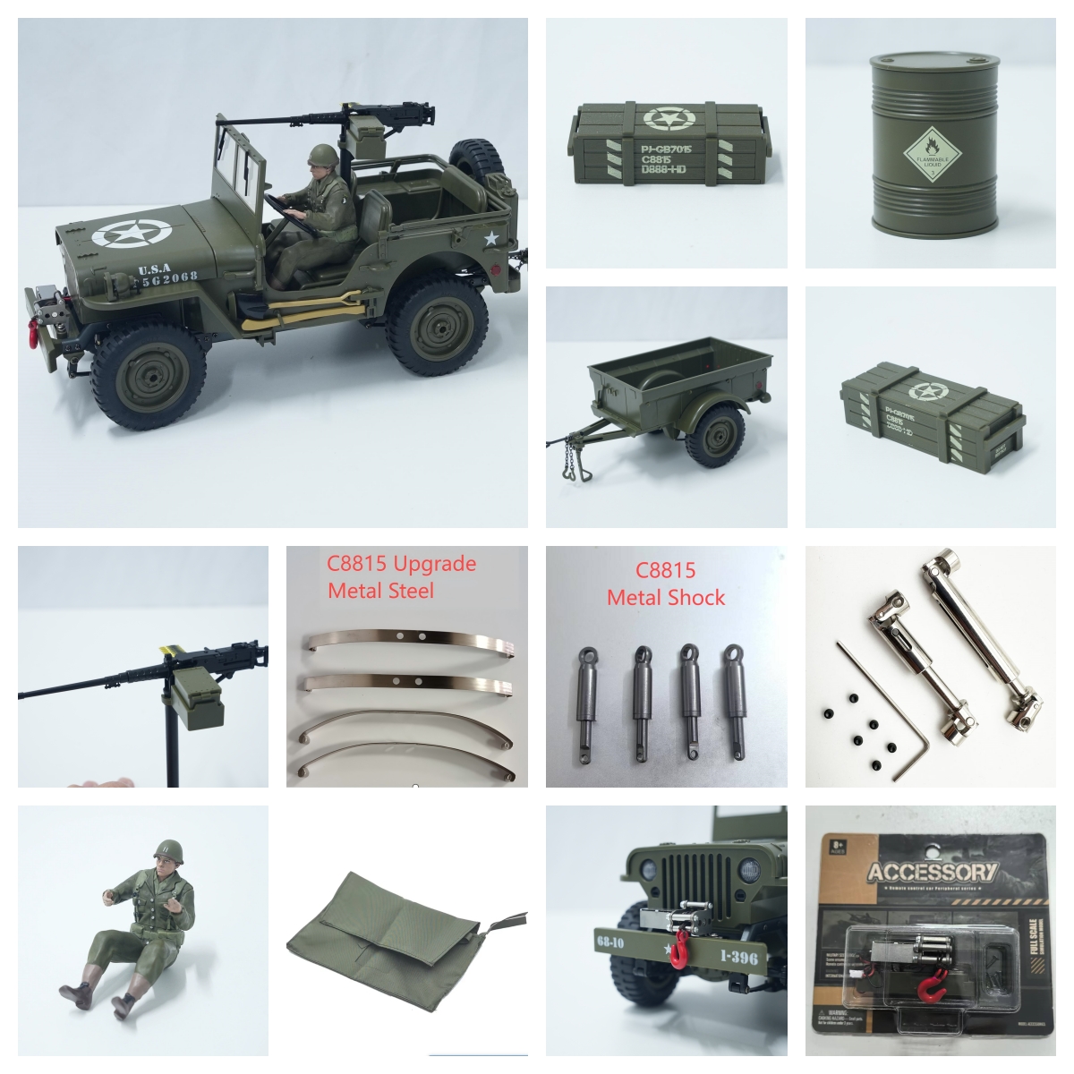 Upgrade Accessories Parts for JJRC C8815 Trailer Soldier Winch Canopy Metal Drive Shaft Shock Steel Sheet Parts for C8815 RC Car