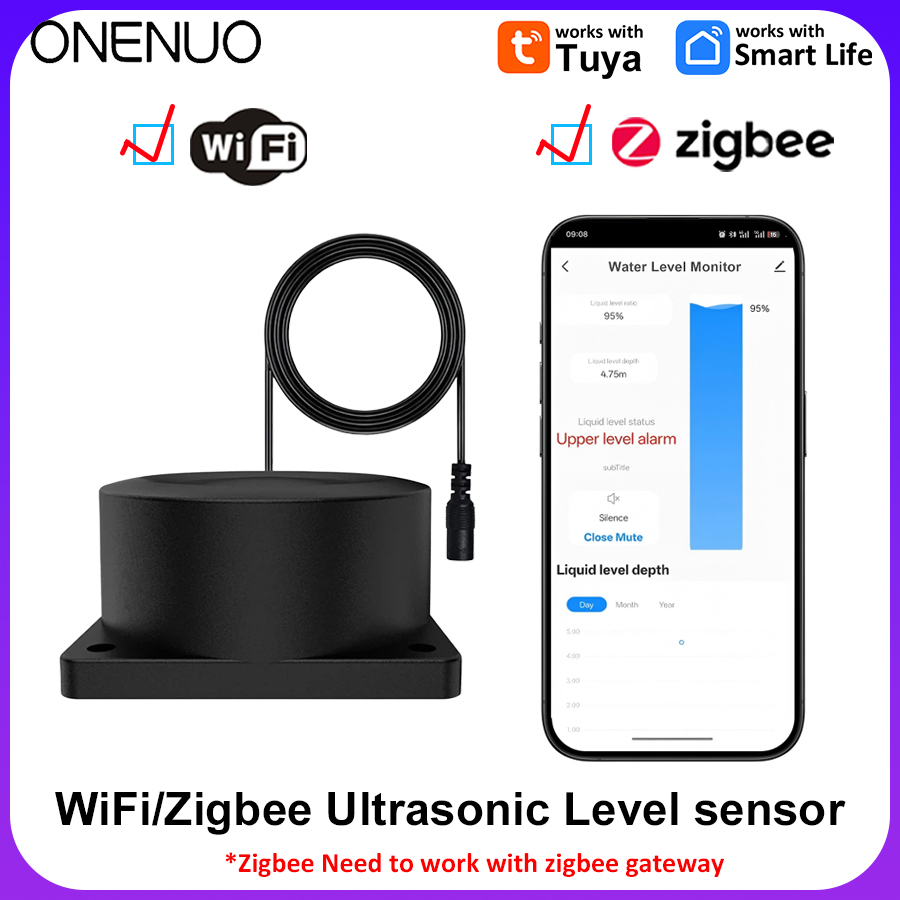 Tuya App WiFi or ZIgbee Wireless Liquid Monitor Sensor Ultrasonic Depth Wireless Gauge Water Tank Level Sensor