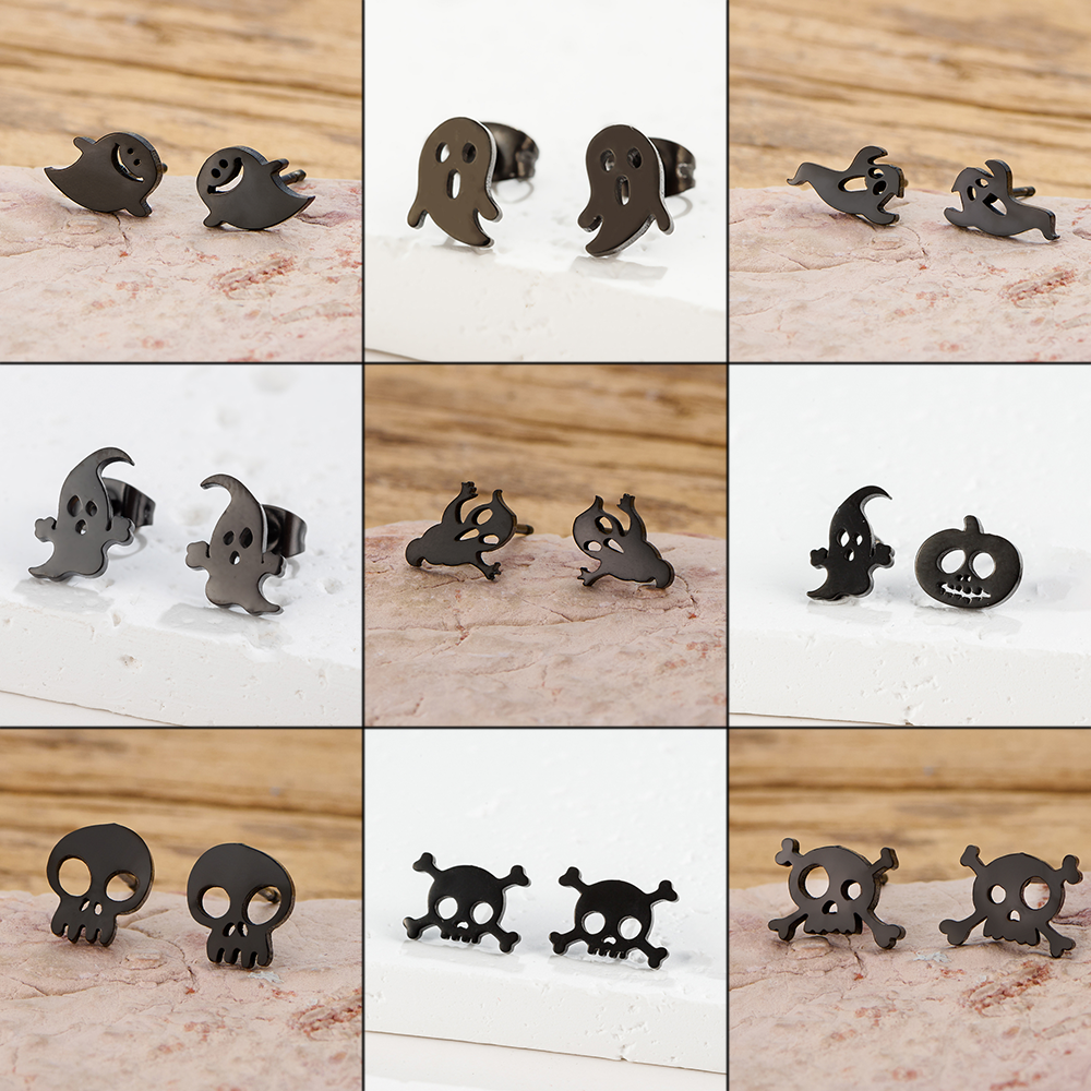 1 Pair Cute Cartoon Ghost Stud Earrings For Women Stainless Steel Ear Piercing Black Color Earrings Funny Halloween