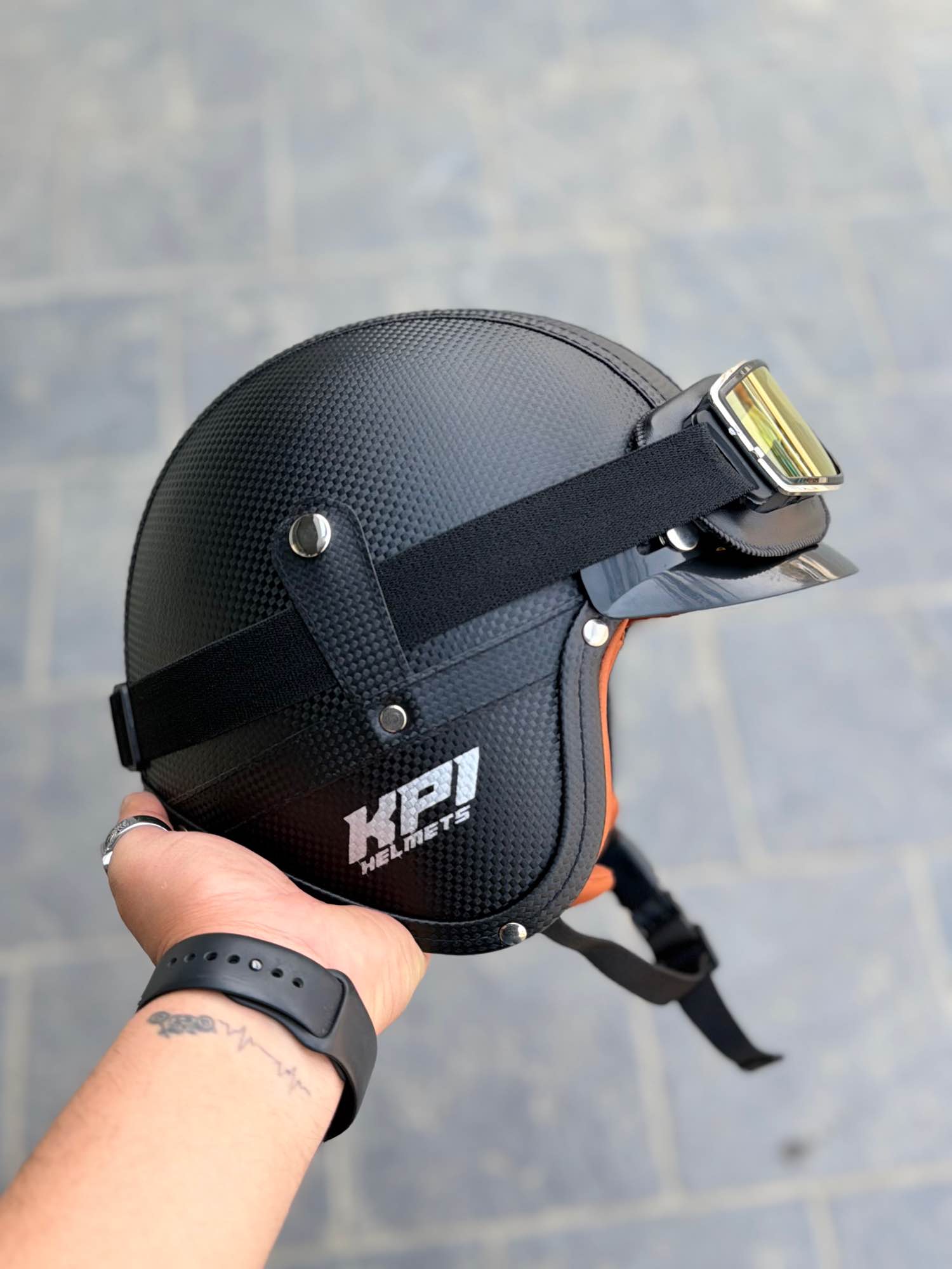 Kpi Leather jet carbon Design helmet with Gogs