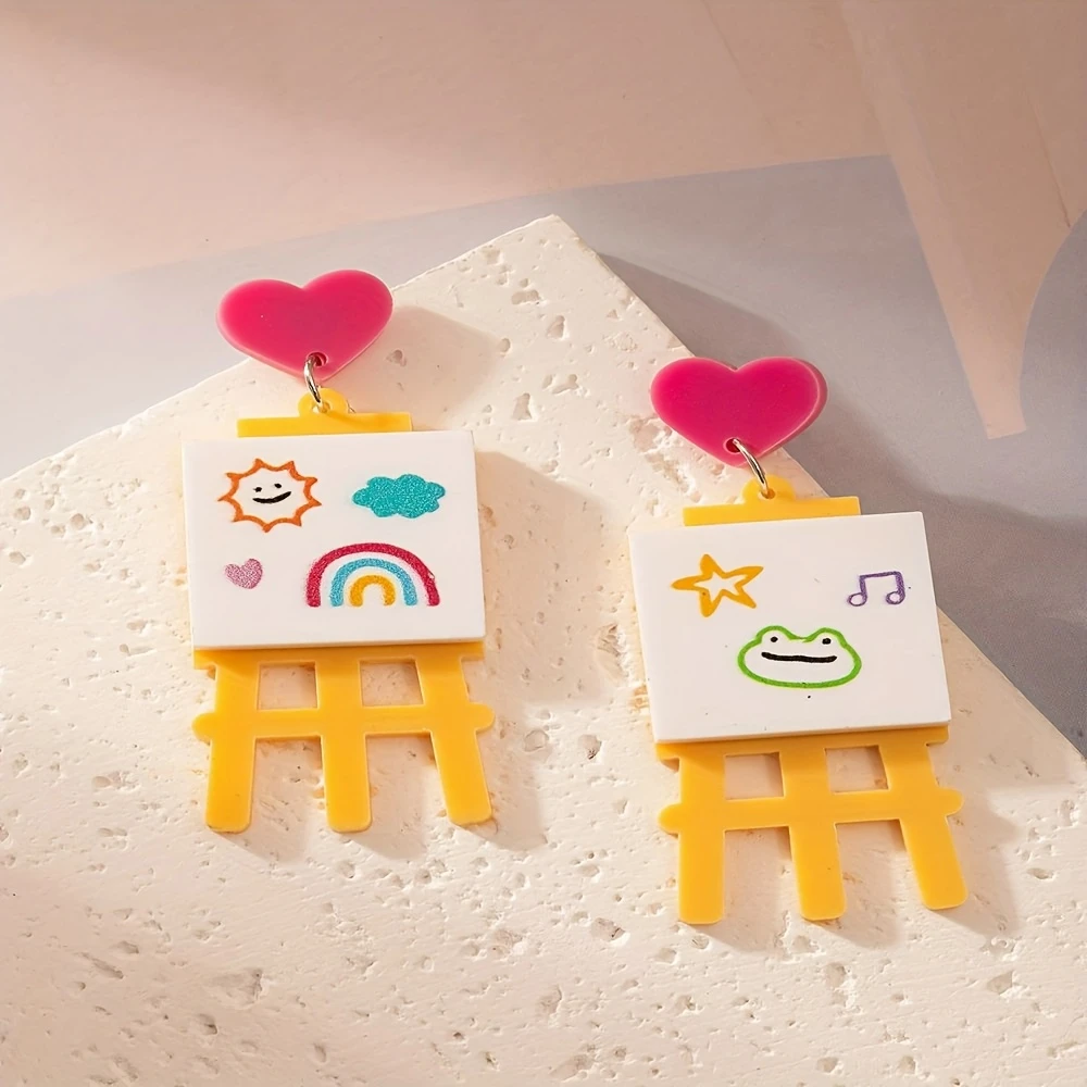 Pair of Cute Acrylic Cartoon Earrings - Mini Sun, Rainbow, Cloud & Heart Designs with Smiling Faces, Perfect for Back-to-School