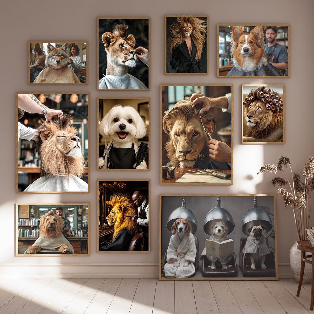 Funny Animal Salon Dog and Lion Haircut Poster Canvas Painting Wall Prints Hairdresser Gift Barbershop Home Decor