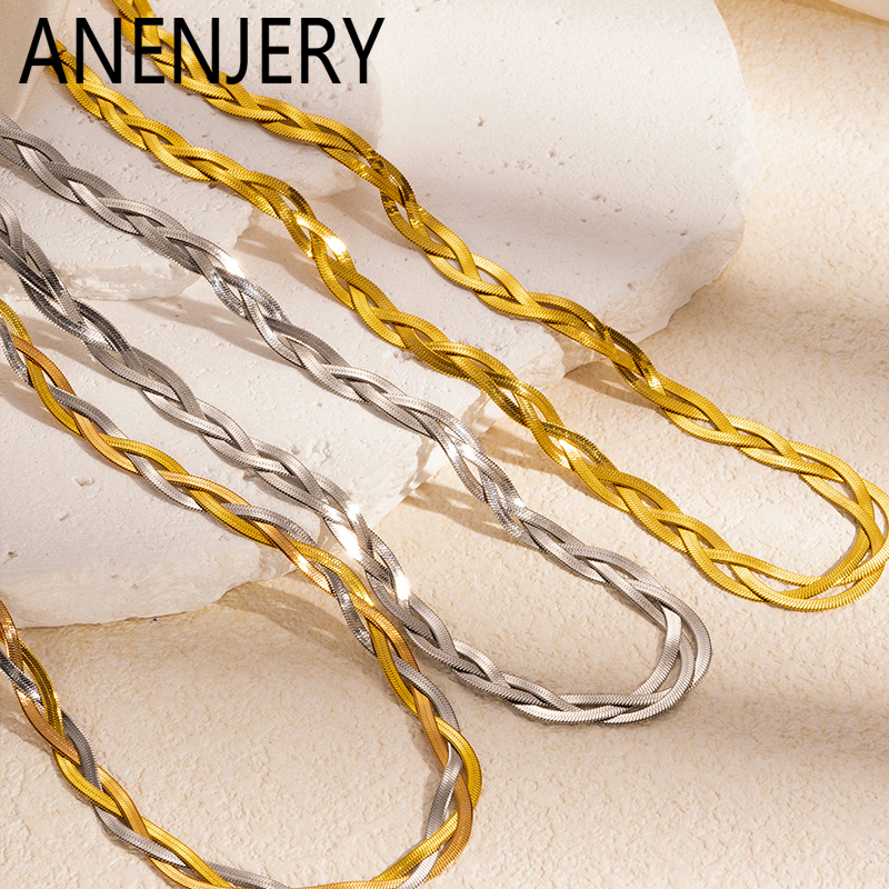 ANENJERY 316L Stainless Steel Three Layer Weave Necklace Bracelets For Women Snake Bone Chain Niche Special Jewelry s