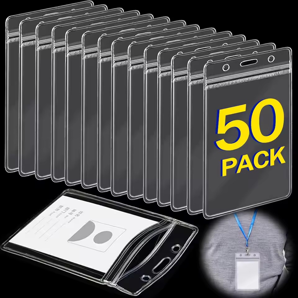 1/50Pcs Waterproof Transparent Card Holder Name Tag ID Badge Holder Protectors Vertical Sleeve Pouch Office School Supplies