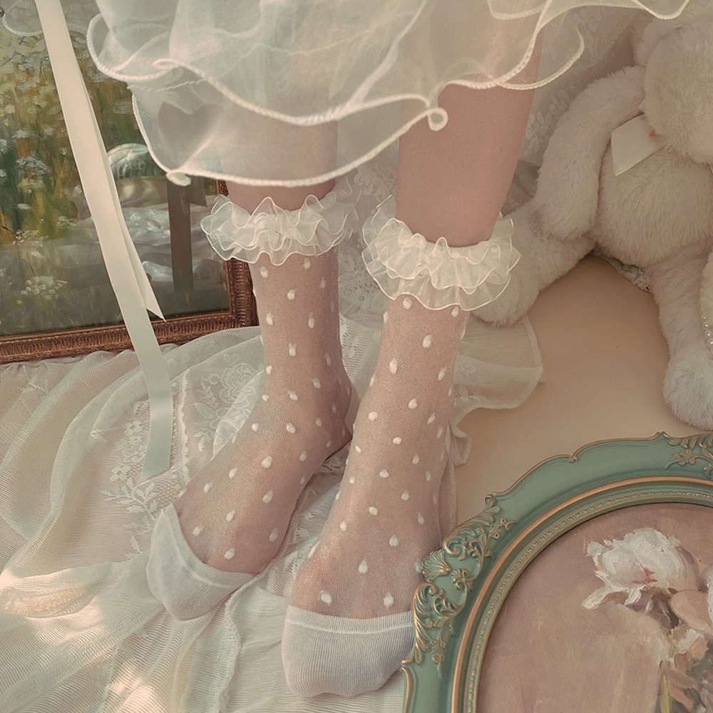 1 Pair Women Girls Spring and Summer Thin Japanese Lace Mid Tube Mesh Polka Dot Lolita Glass Crystal Socks