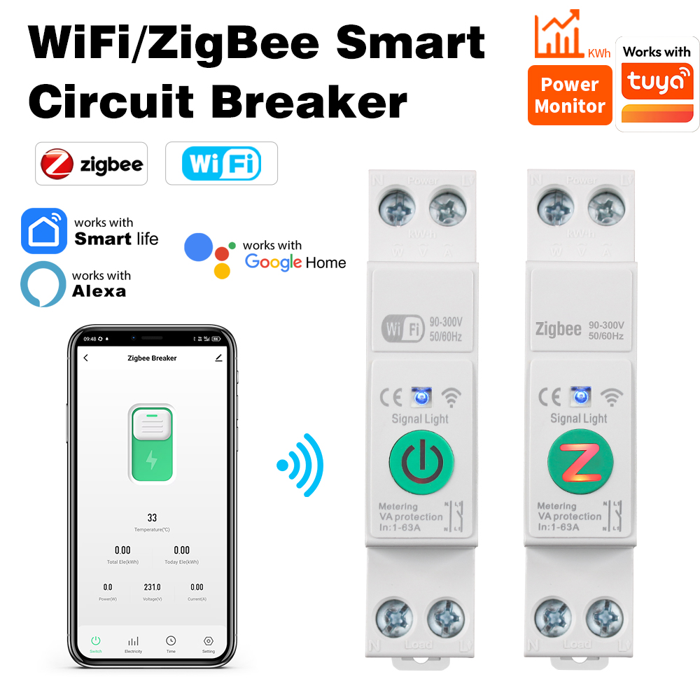 ZigBee/WiFi Smart Circuit Breaker 1-63A With Metering DIN Rail For Tuya Home Wireless Voice Remote Control Switch Home