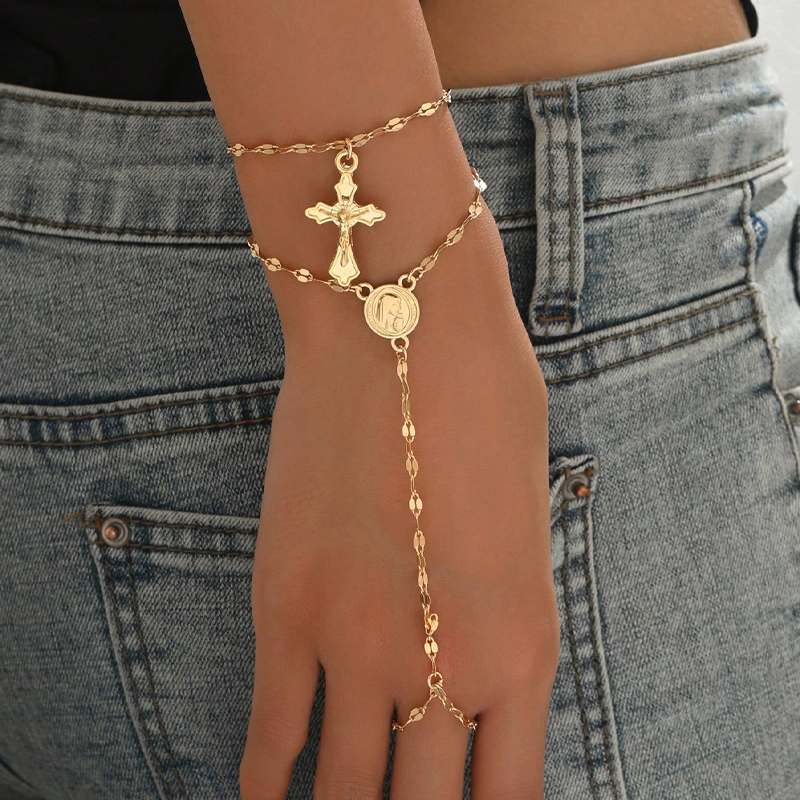 2Pcs/Set Cross Pendant Finger Bracelets For Women Vintage Gold Color Portrait Connecting Hand Harness Bangle Jewelry Accessories