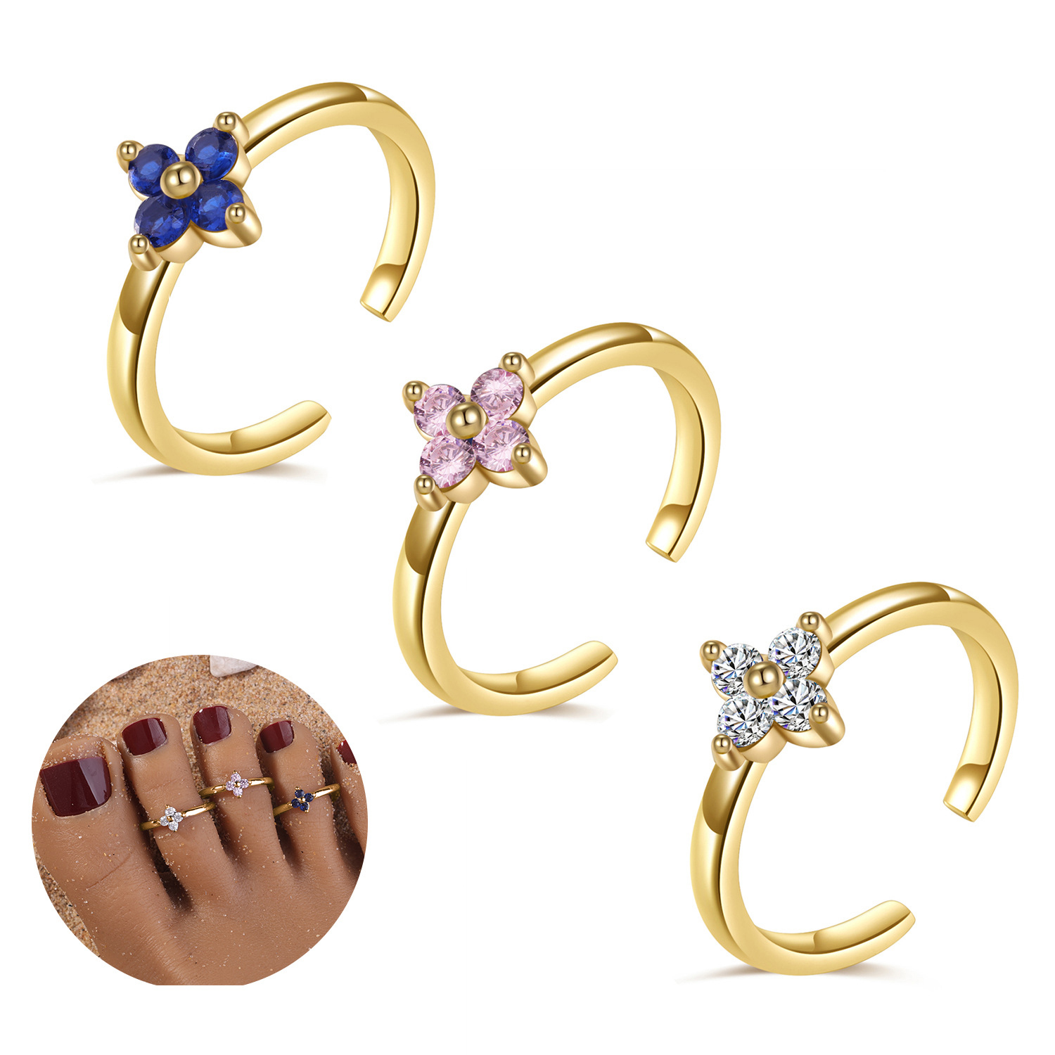 New Gold Plated Color Zircon Toe Ring High Quality Non Fading Jewelry Fashion Luxury Accessories Women's Summer