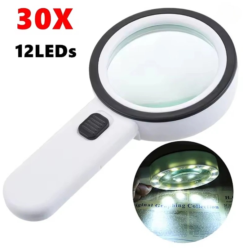30X High Power UV Light Magnifier with 12 LED Portable Handheld Loupe for Jewelry Repair Reading and Inspection