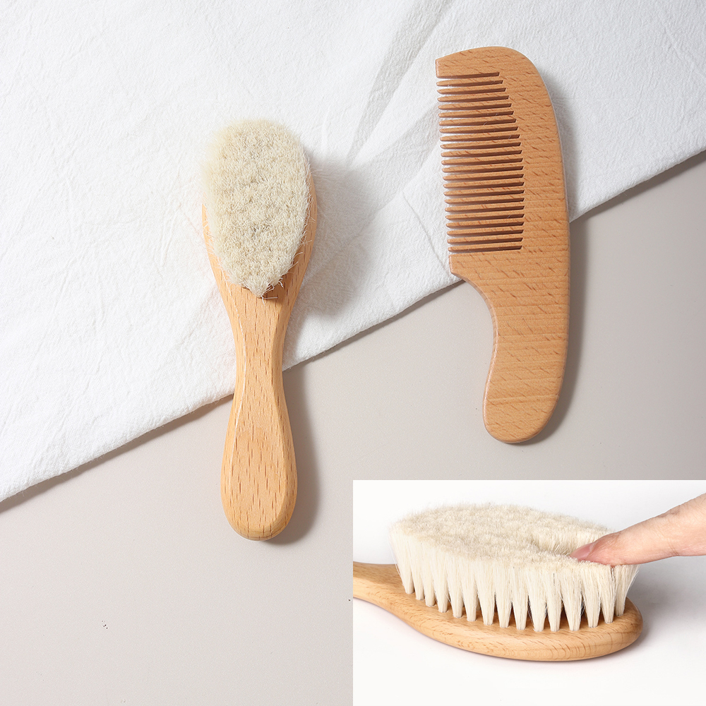 2pcs Baby Care Hair wool Brush Beech Wood Comb Newborn Massage Comb Baby Shower set natural baby brush