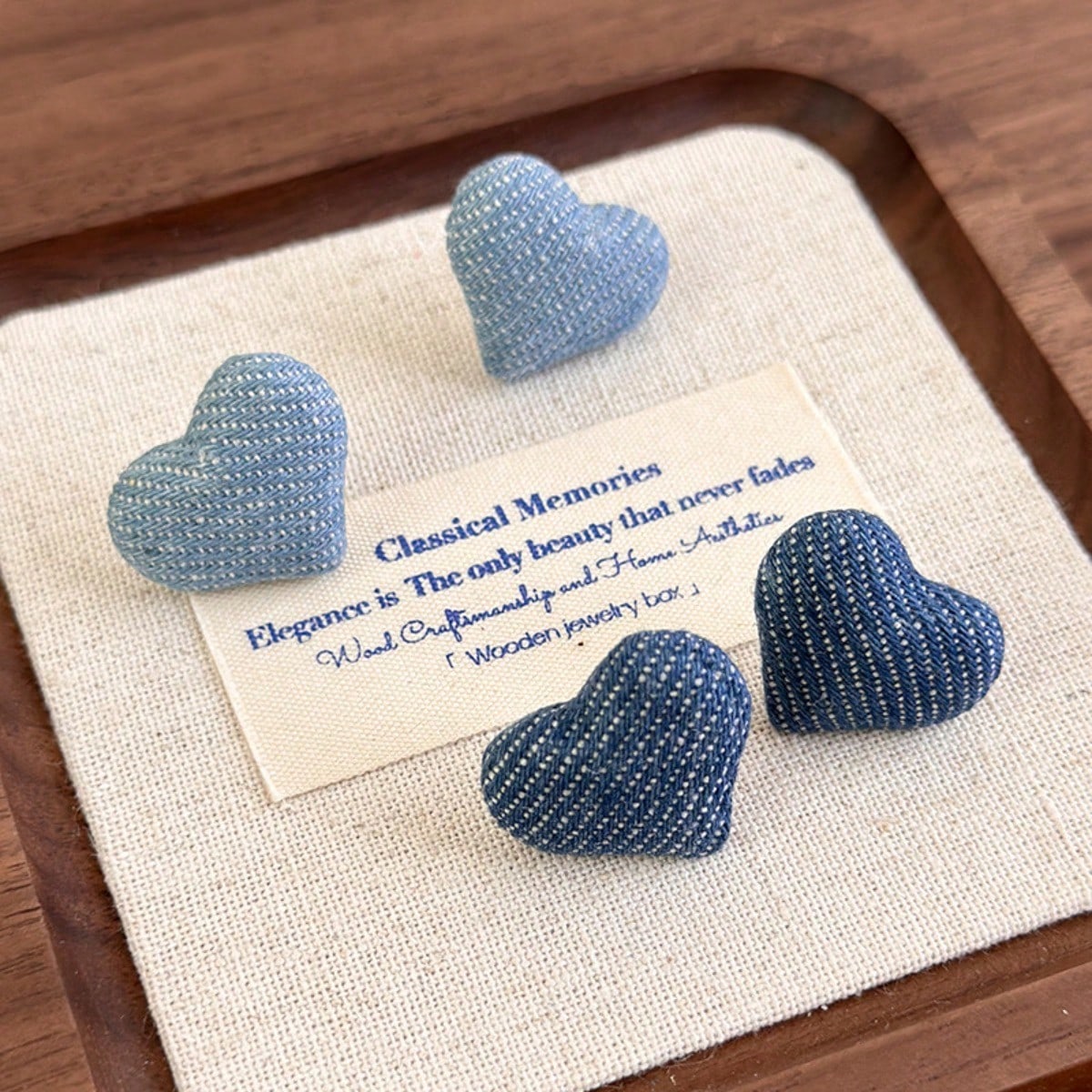 Retro Fabric Denim Blue Heart Stud Earrings Same Style as Oni's Button Earrings Simple and Elegant Versatile Ear Accessories