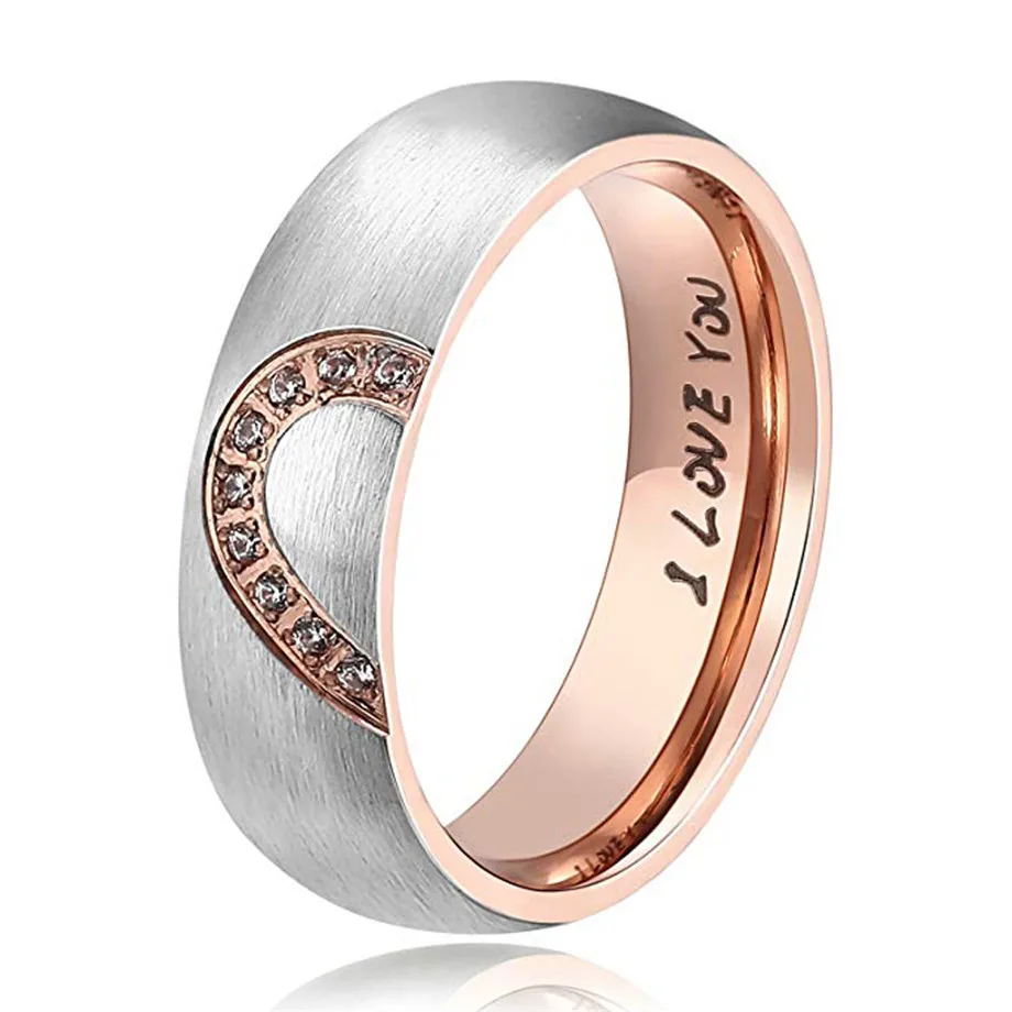 1 Pcs Black Rose Gold Color Stainless Steel Heart Lovers Rings Women Men Engagement Simple Classic Wedding Bands for Couples