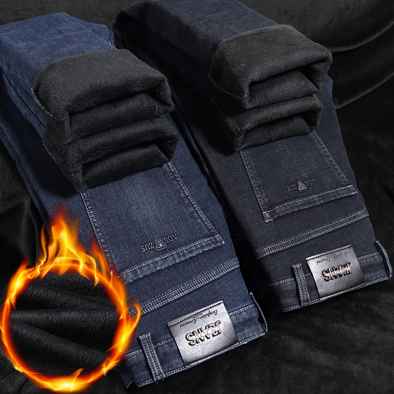 2025 Winter Warm Men's Jeans Fleece Thickened Elastic Straight Business Casual Denim Pants Plush Velvet Comfortable Trousers