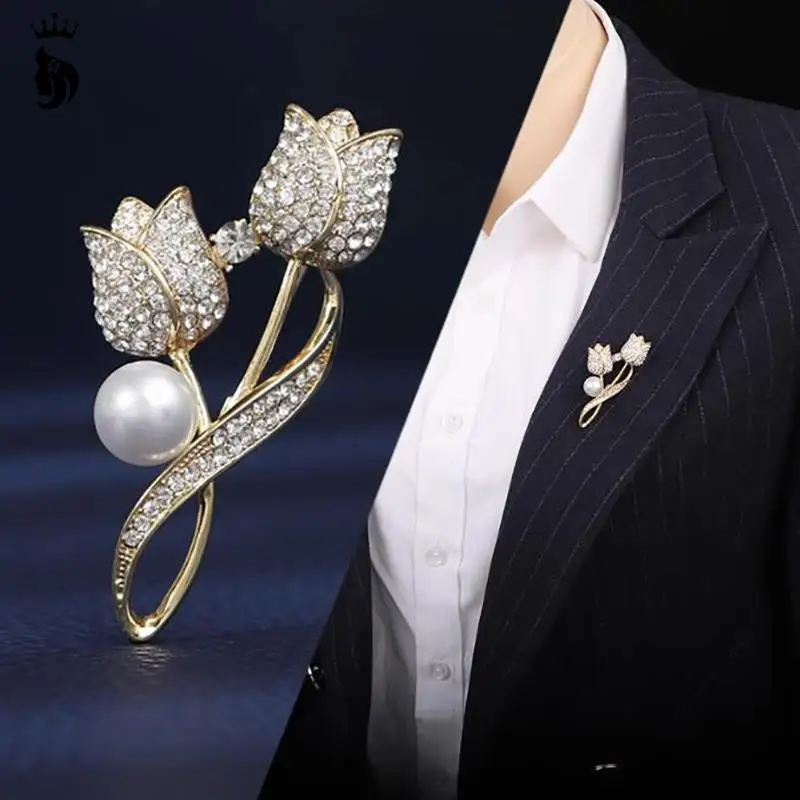 1Pc Rhinestone Tulip Flower Brooch Anti-Glare Elegant Baroque Pearl Collar Pin Women's Trendy Party Wedding Custom Jewelry