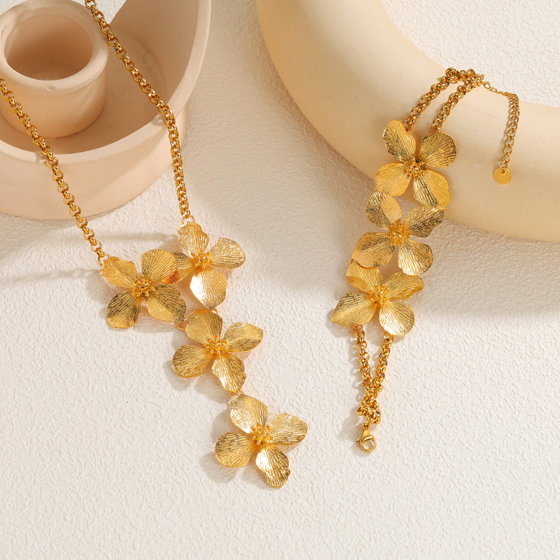 Kissmoon Exaggerate Textured Floral Exquisite Necklace Bracelet for Women Stainless Steel Gold Color Party Fashion Jewelry
