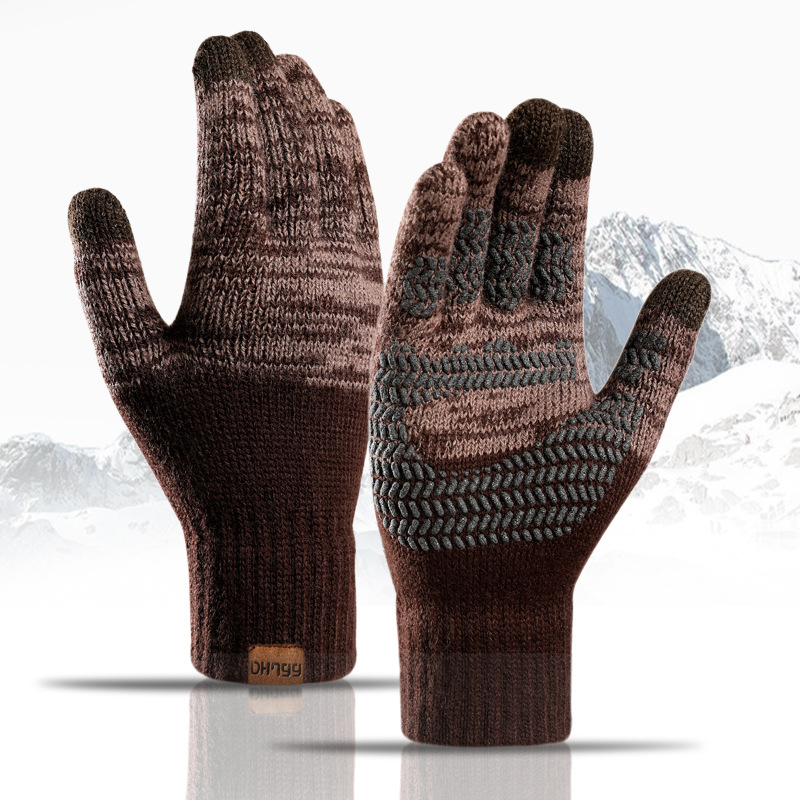Knitted Gloves Large Size Men's Autumn and Winter Velvet Color Blocking Offset Printed Touch Screen Warm Gloves